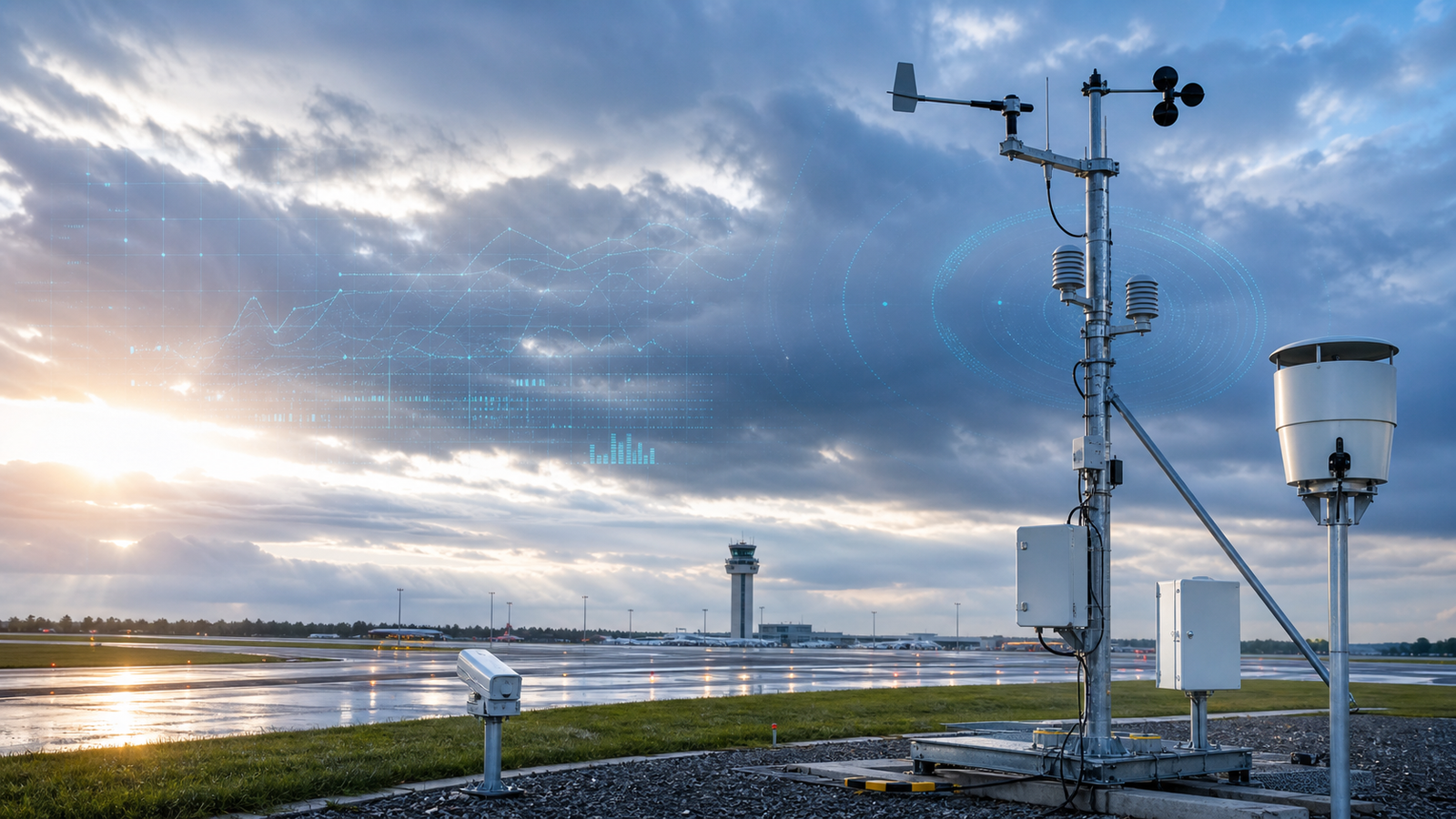 Sistema AWOS aeronáutico con sensores meteorológicos
