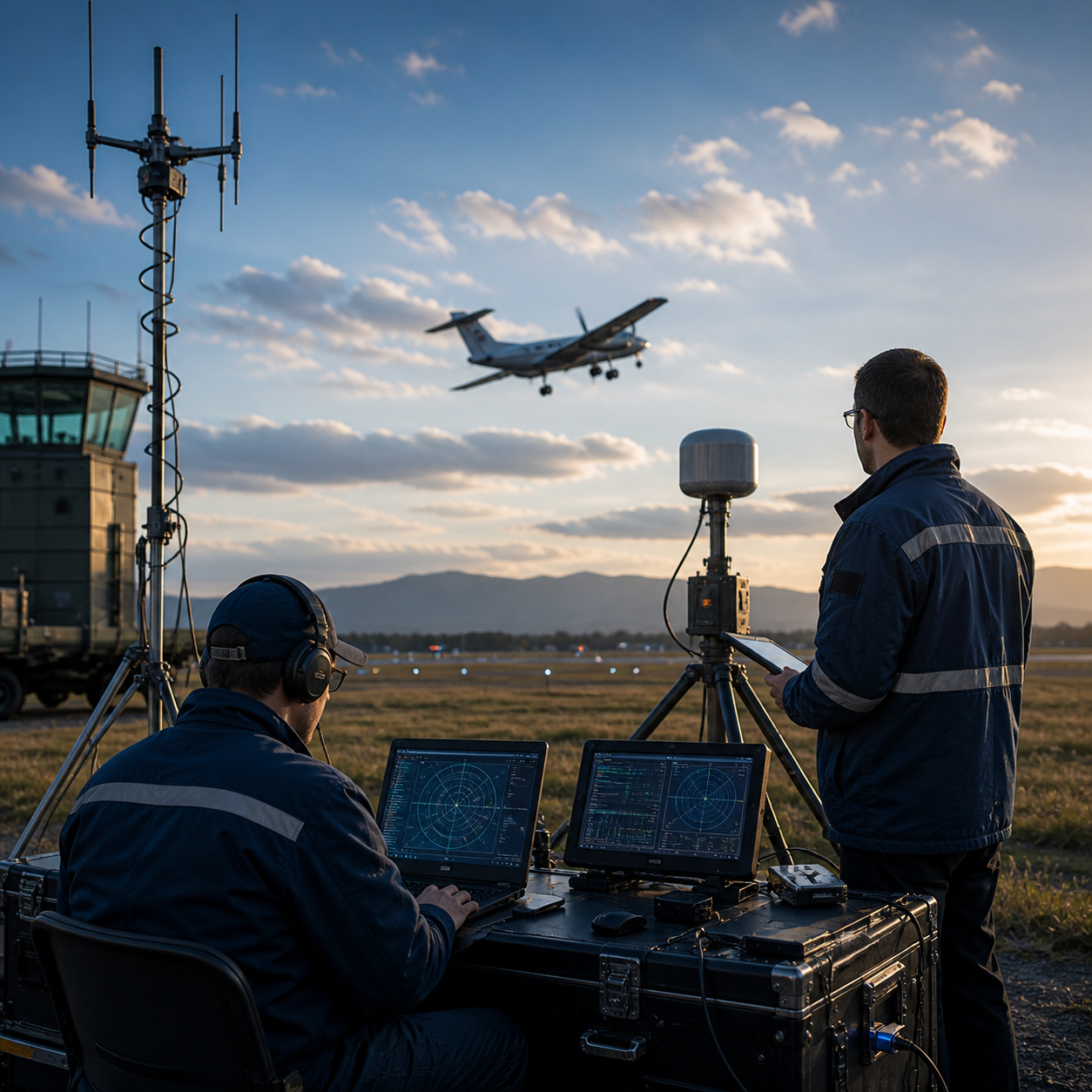 Soporte de calibración aérea con ingenieros y aeronave en operación