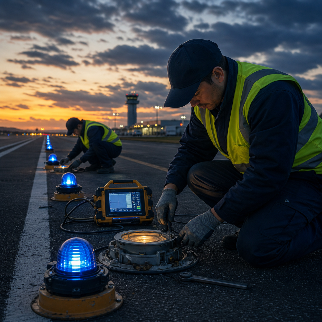 Equipo técnico realizando mantenimiento en infraestructura aeronáutica