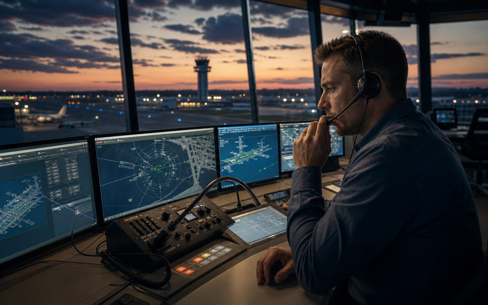 Air traffic control operator using a VCCS communications console