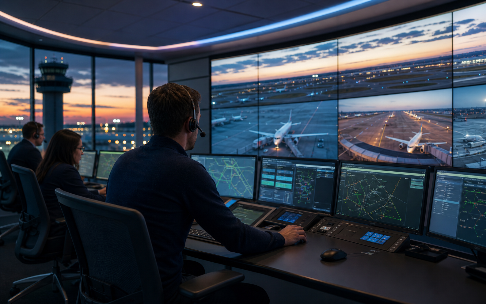 Integrated ATC room with video wall, aircraft and operation consoles